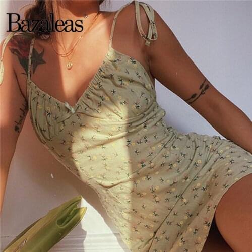 Bazaleas Fashion spaghetti strap mini dresses Cute Tank summer Dress Slim Floral Print Green vestido