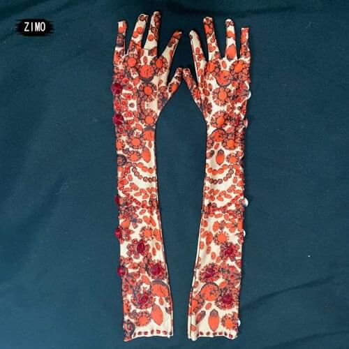 Fashion Red print Floral Rhinestone Long Gloves Women Stretch Party Gloves club Dancer wedding sparkly Crystal Stage Accessories