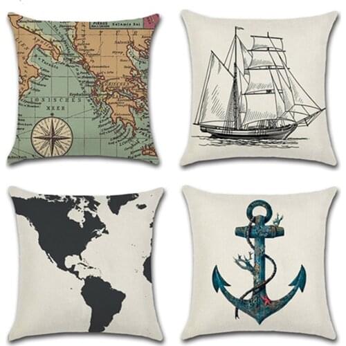 Sea World Map of the World Sailing Cushion Cover Cushion Pillow Case Anchor Pillow Case Sofa Back Cushion Cover