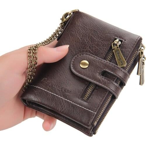 2021 New Designer Men Wallet Leather Zipper Hasp Coin Purse Short Tri-fold Card Holders Chain Vertical Wallets Male Walet Pocket