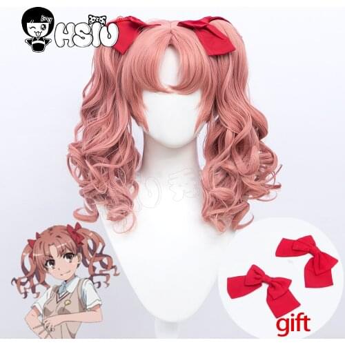 HSIU Shirai Kuroko wig Anime Toaru Kagaku No Railgun Cosplay Smoke pink double ponytail short hair+free wig cap+free Bowknot