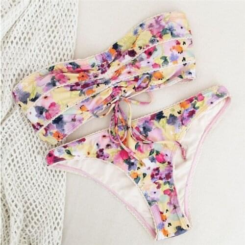 Sexy 2021 Bikini Swimsuit Women Swimwear Push Up Bikinis Set Tube Lace Top Floral Female Swimming Suits for Bathing Suit 2 Piece