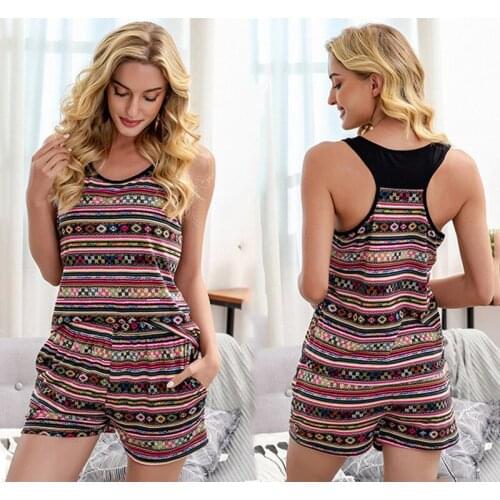 Plus Size Pajamas Women Striped Printed Cotton Vest Shorts Suit Round Neck Soft And Comfortable Ladies Home Service