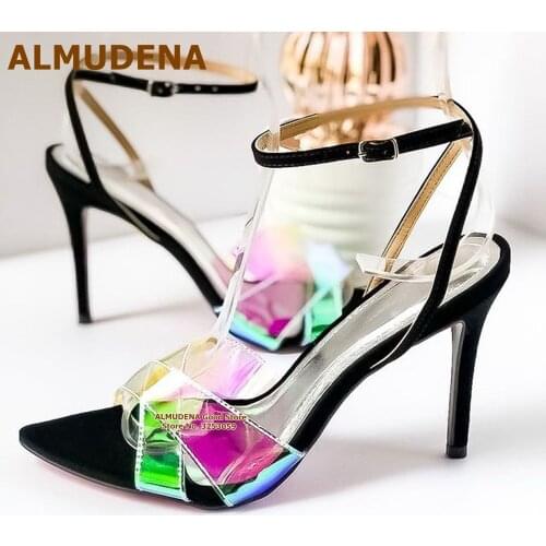 ALMUDENA Hologram Iridescent PVC High Heel Sandals Cross Strap Color Patchwork Banquet Shoes Pointed Toe Wedding Shoes Size46