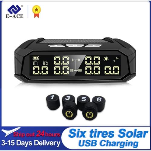 E-ACE K10 Solar TPMS Car Tire Pressure Alarm Monitor System Tyre Temp Digital Display Auto Security Alarm Systems with 6 sensors