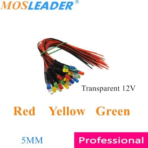 Mosleader 1000pcs 5MM 12V LED with wire 20CM Blue Yellow Red Green Transparent Color turn color Prewired Emitting Diode Light