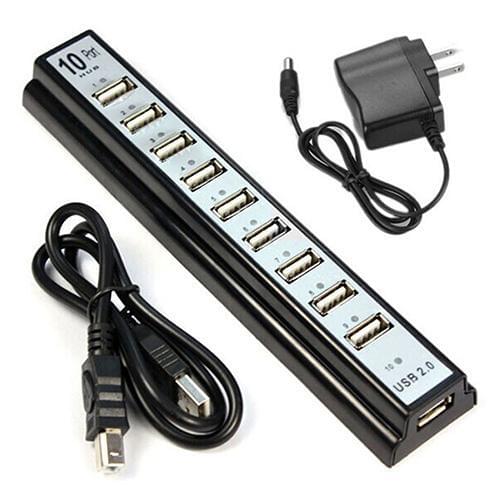 10 Port Hi-Speed USB 2.0 Hub Splitter + US Power Adapter Cable USB Hub Power Supply Adpter Splitter for PC Laptop Computer