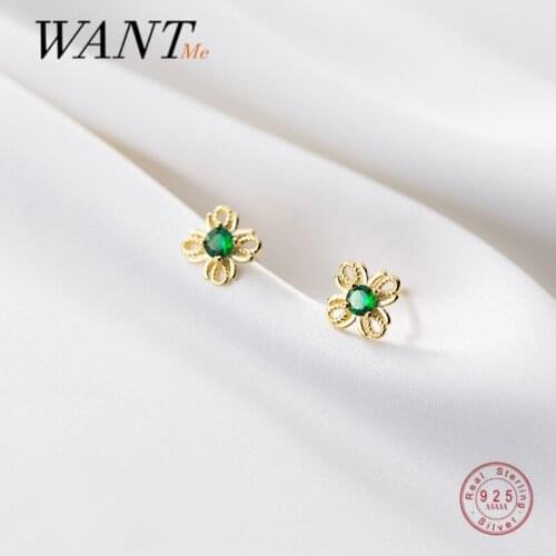 WANTME Golden Romantic Sweet Green Zircon Flower Stud Earrings for Women Genuine 925 Sterling Silver Girls Youth Jewelry Gift