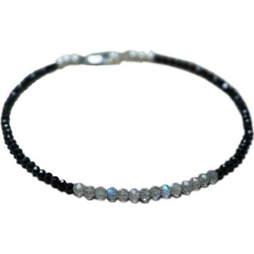Lily Jewelry Labradorite 2-3mm Black Spinel 925 sterling silver Fashion Bracelet 7''-8'' Nice Gift for Women or Men
