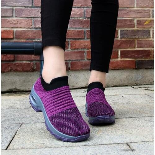 Women Running Walking Shoes Hot Autumn New Mesh Knit Breathable Ladies Mix Colors Sneakers Soft Platform Slip On Loafers