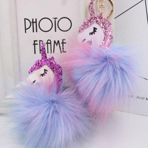 Unicorn Pattern Fluffy Keychain Cute Fur Key Ring Pompom Key Chain Bag Backpacks Hanging Pendant for Women Girls