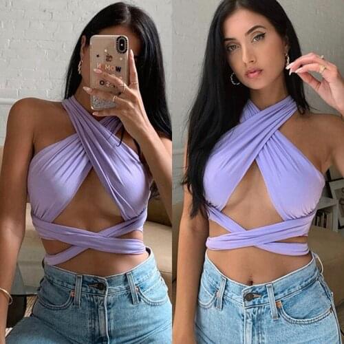 Womens Sexy Cross Halter Tube Top Vest Hollow Tops Purple