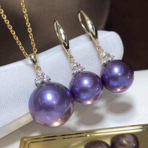 D308 Fine Jewelry 18K Gold 9-13mm Natural Fresh Water Purple Pearl Females Jewelry Sets for Women FIne Jewelry Sets