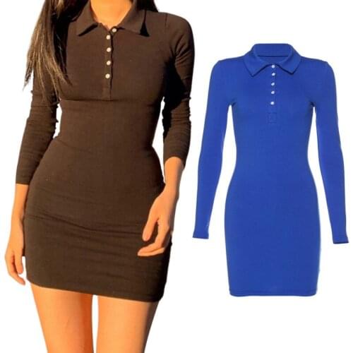 Fashion Spring Autumn Women Solid Color Short Dress Button Lapel Skinny Bodycon Office Ladies Dress