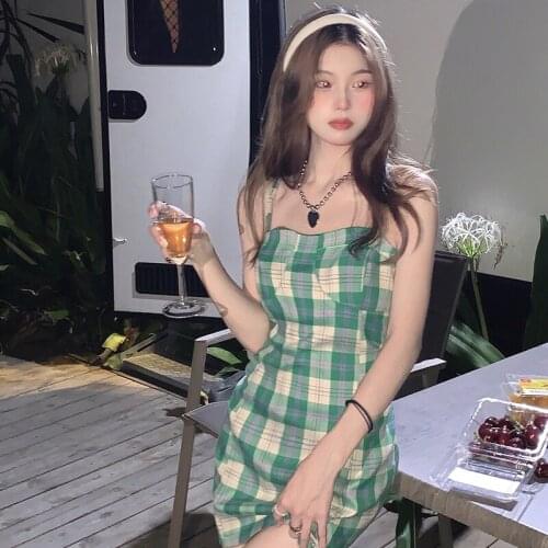 Temperament Checkered Sling Dress Womens Summer New Skirt Korean Style Waist Waist Thin A-line Skirt Short Skirt