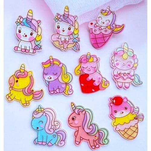 10Pcs Mini Mixed With Shiny Cartoon Unicorns Acrylic Kawaii Scrapbooking Embellishments Diy Accessories H64