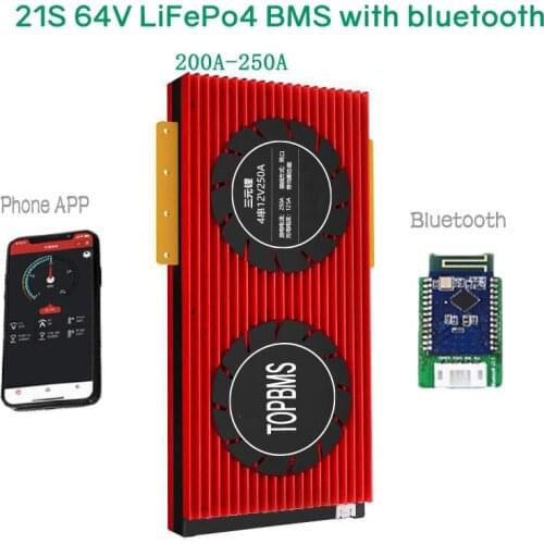 21S 64V LiFePo4 BMS 200A250A with Bluetooth phone APP RS485 CAN NTC UART GPS for LiFePo4 Batteries 3.2V connected in 21 series
