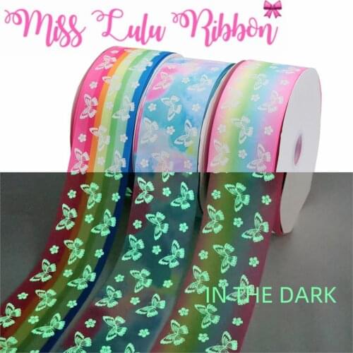 3"75mm Cartoon Butterfly White Ink Print Glow in the Dark Rainbow Stripe Printed Grosgrain Ribbon DIY Hair Bow 50yards/roll Pink