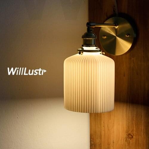 White pleated ceramic porcelain wall sconce lamp wall light brass fixture dinning room bedroom restaurant hotel bedside light
