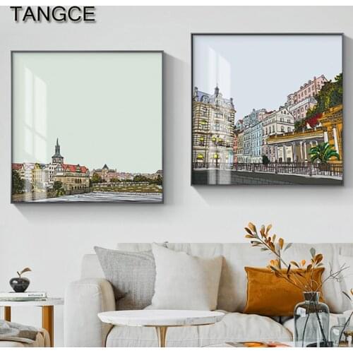 Nordic Colorful Building Posters Watercolor Print Abstract Canvas Painting Wall Art Pictures For Living Room Deco Wall Poster