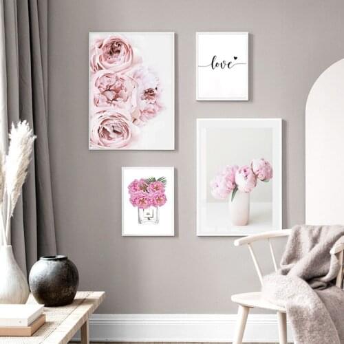 Blossoming Pink Peony Flower Poster Nordic Wall Art Botanical Print Love Quotes Canvas Painting Picture for Living Room Decor