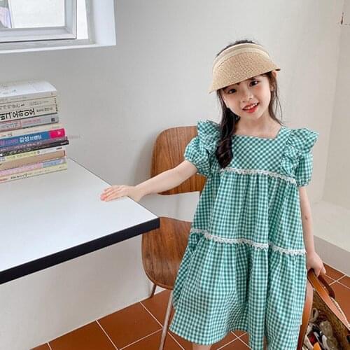 Kids dresses summer baby girls clothes Green small plaid pattern lace stitching sweet girl dress