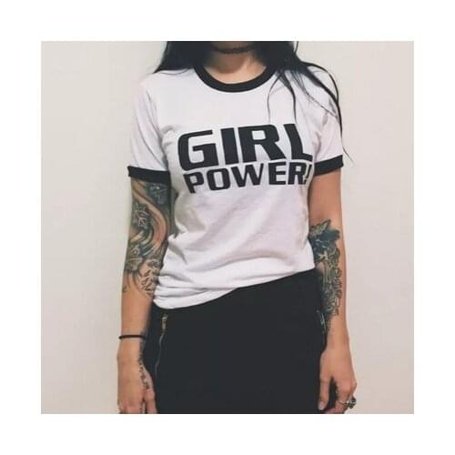Girl Power 90s Vintage Ringer T-Shirt Women Feminism Slogan Tee Casual Short Sleeve Black White tops grunge tumblr fashion shirt
