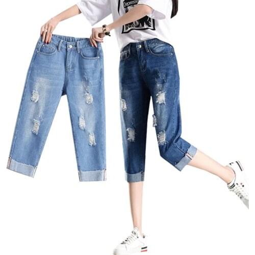 Plus size Elastic waist Jeans Womens Summer Thin Light color Straight pants Loose crimping High waist jeans Holes pants B061