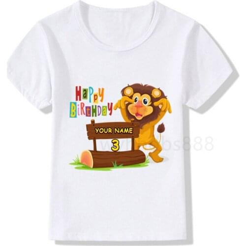 1-12 Baby Cartoon Lion Birthday Number Name Print T Shirt Children Animal Birthday T-shirts Boy&Girl Funny Gift Tshirt Present
