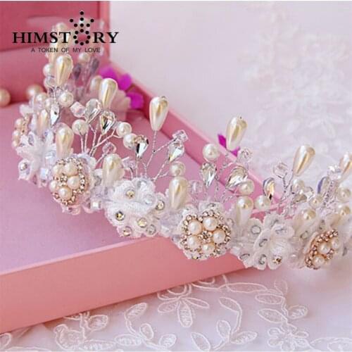 HIMSTORY New Handmade Bride Golden Crystal Pearl Luxury Rhinestone Lace Bridal Tiara Headband Wedding Hair Accessories