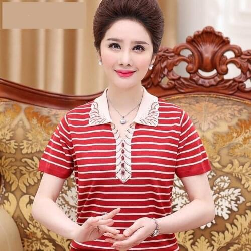 2021 New Middle-aged Mothers Summer Short-sleeve Knitted T-shirt Plus size Loose Striped Lapel Womens Pullover Shirt Casual Tops