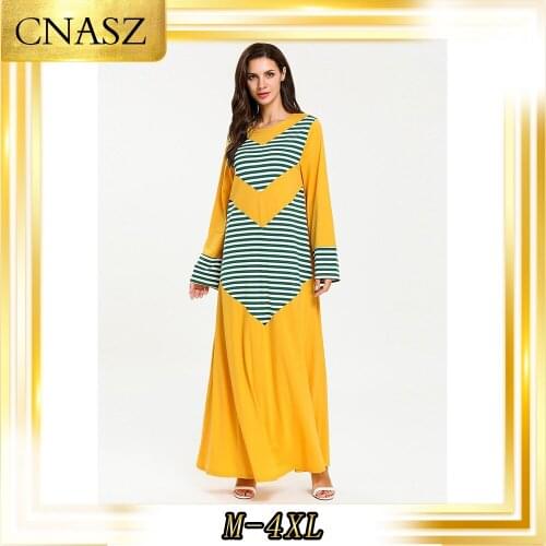 Moroccan Kaftan Large Size Womens Fashion Contrast Color Stitching Long Sleeves Arab Musulmane Femme Dress