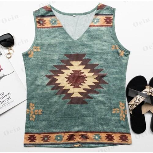 2021 Women Clothing New Collection Tops Indie Folk Style print V-neck Tank