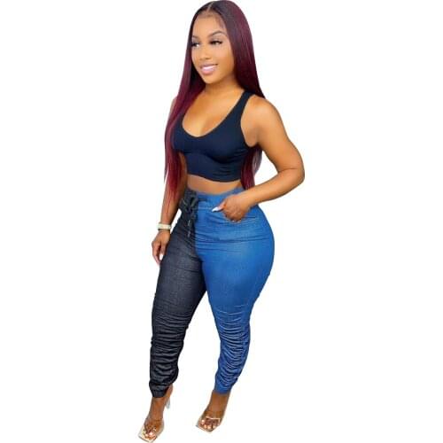 New Fashion Women Lace-up Contrast Patchwork Jeans 2021 Winter Plus Size Ladys Streetwear High Waist Skinny Denim Pencil Pants