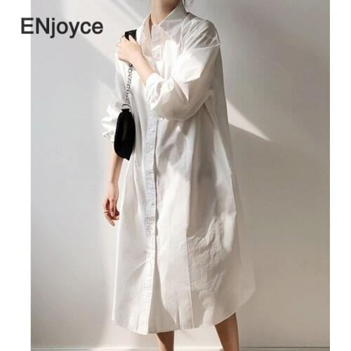 Autumn Women White Blouse Shirts Korean Style Basic Loose Ladies Dresses Casual Female Clothing Long Shirt Dress Workwear