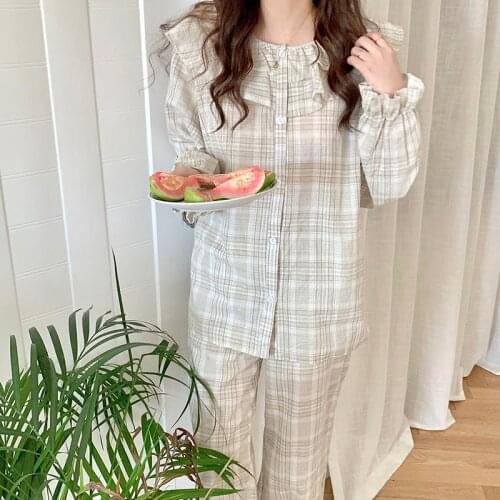 Autumn new plaid sleepwear home clothes women pajama set long sleeve pullover plaid trousers elastic waist homewear loose L322