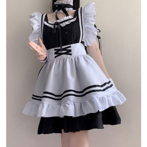 Japanese Lolita Cute Maid Dress Summer 2021 New Sweet Cute Soft Girl Cosplay Lolita Kawaii Short Sleeve Ruffle Bandage 6pc Dress