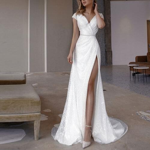 Vestidos Elegant Wedding Dresses Sashes V-Neck Short Sleeve Backless Slide Split A-Line Bridal Gowns