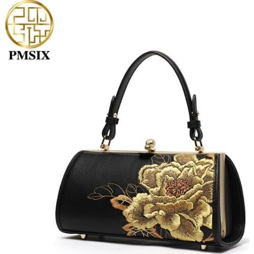 PMSIX Women Genuine Leather Handbag Fashionable Embroidery Real Leather Shoulder Bag Classical Tote Crossbody Bag 2020