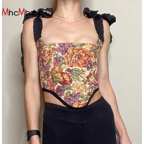 Bandage Straps Floral Jacquard Tank Tops Women Vintage Skinny Backless Corset Top Irregular Camis 2021 Summer Fairy Clothes