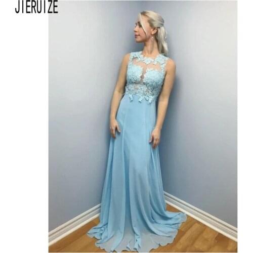 JIERUIZE Blue Prom Dresses O Neck Illusion Lace Appliques Criss-Cross Back Formal Dresses Chiffon Evening Gowns Robe De Soiree