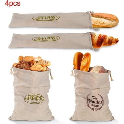 Natural Linen Bread Bag Reusable Baguette Drawstring Pouch Bagel Bun Storage Sack Home Food Container Bread Storage Bags