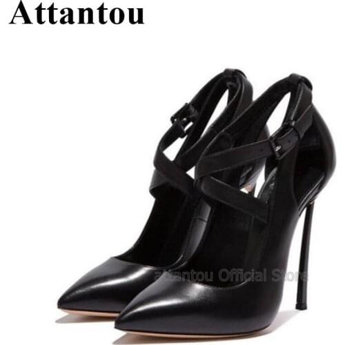 New Black Mat Leather Blade Heeled Women High Heel Pumps Spring Autumn Pointed Toe Metal Heels Cross Tied Dress Shoes