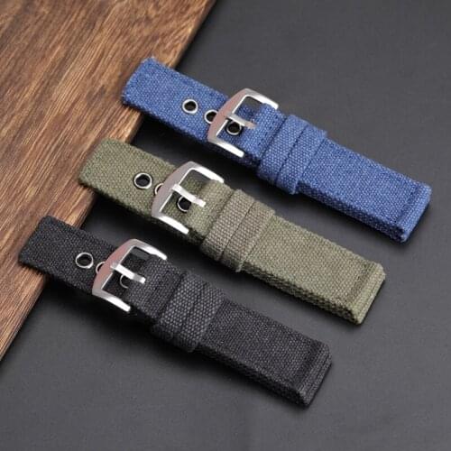 Thickened Double-Layer Canvas Watchband 20 22 24MM Black Blue Green Waterproof Canvas Mens Bracelet, Retro Style Strap