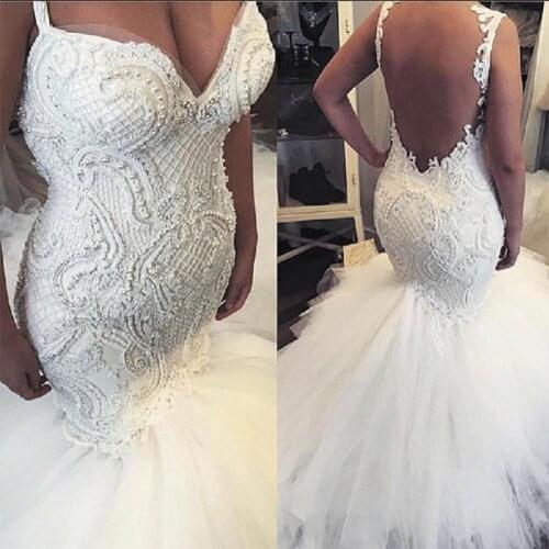 Real Plus Size Mermaid Wedding Dresses Crochet Lace Beaded Sexy Illusion Back Summer Beach Wedding Dresses African 2021 Tight Br