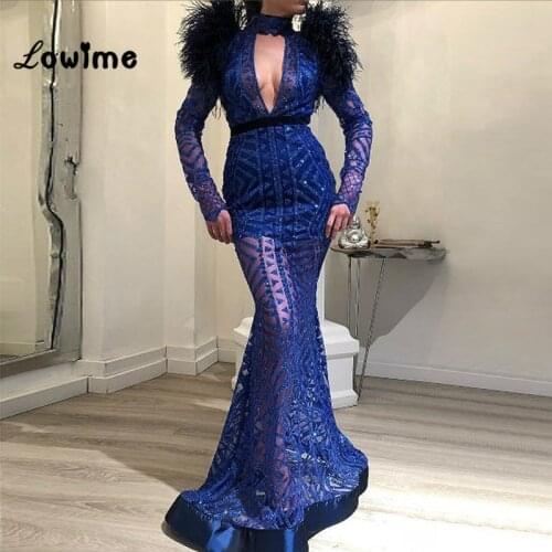 Blue Feather African Mermaid Evening Dresses 2019 Turkish Dubai Abaya Celebrity Party Pageant Dress Arabic Prom Dresses Vestidos