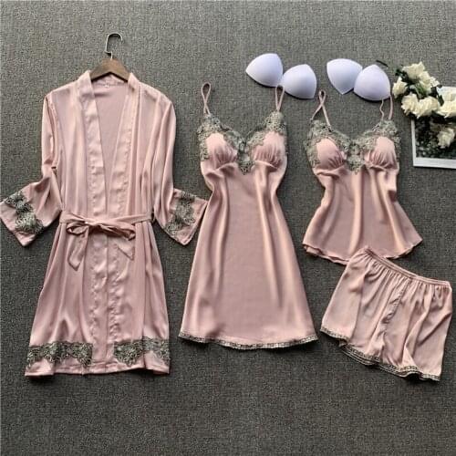 Pink Women Satin Wedding Sleepwear Suit Autumn Lace applique Pajama Pyjama Set Summer Nightwear Casual Home Wear Lingerie Suit