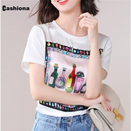 Cashiona Plus size Women Elegant Leisure Casual T-shirt Model 3D Print Womens Top Kpop 2021 Summer Imitation Silk Tees shirt