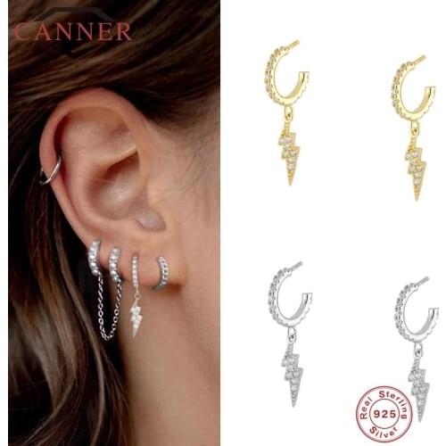 CANNER Real 925 Sterling Silver Stud Earrings For Women Cubic Zirconia Lightning Earring Jewelry Piercing Earrings pendientes