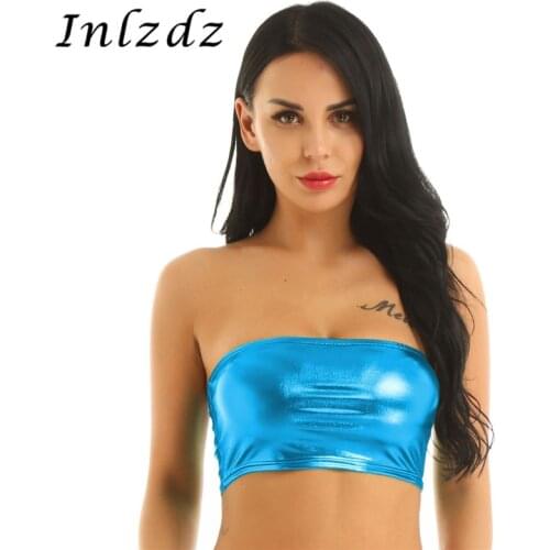 Womens Pole Dance Tube Top Bra Rave Clothes Shiny Metallic Strapless Tube Top No-Padded Wrapped Chest Bandeau Female Crop Top